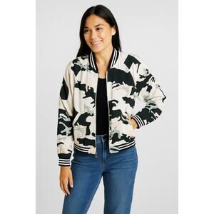 Sanctuary Women’s Camo Bomber Jacket S Pink Green Black Lightweight Zip